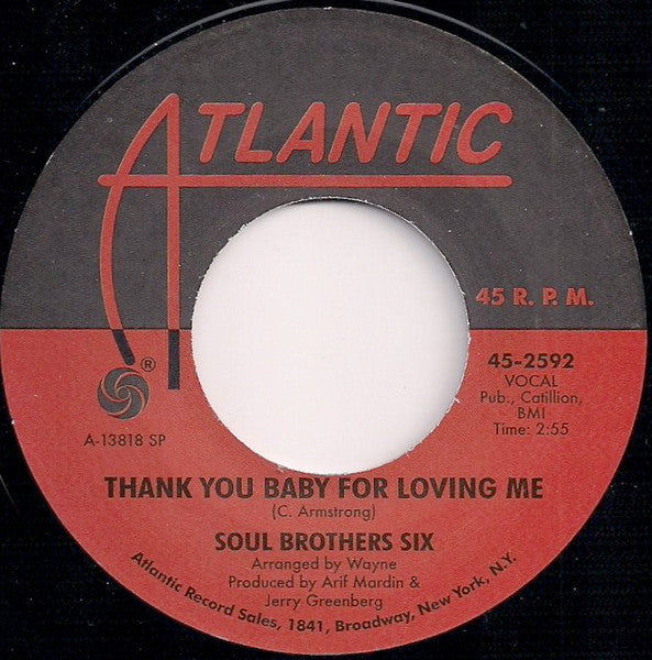 Image of Front Cover of 7" - /EX - SOUL BROTHERS SIX, Thank You Baby For Loving Me / I'll Be Loving You (Atlantic; 45-2592, UK Reissue), ,  - 2556076S