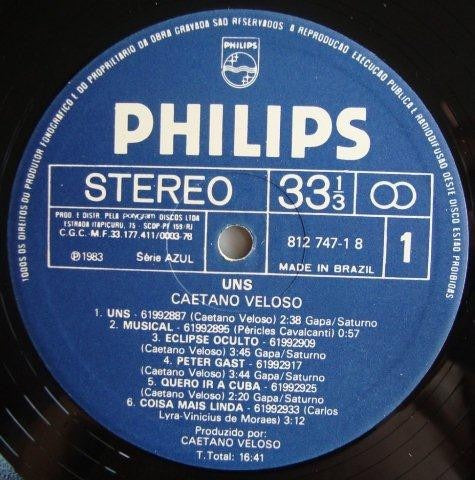 Image of Label Cover of LP - VG+/VG - CAETANO VELOSO, Uns (Philips; 812 747-1 8, Brazil 1983, Inner), Strong VG to disc - only a few superficial marks. Sleeve has some very light shelf wear but otherwise nicely intact.,  - 2516204C