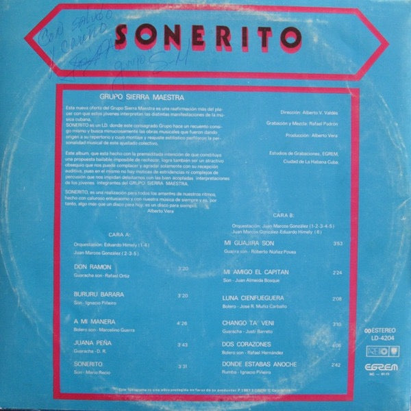 Image of Back Cover of LP - VG/VG+ - GRUPO SIERRA MAESTRA, Sonerito (Areito; LD-4204, Cuba 1987), ,  - 2516219C