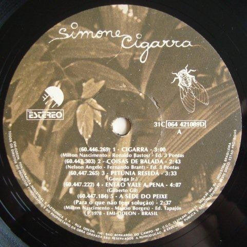 Image of Label Cover of LP - VG+/VG+ - SIMONE, Cigarra (EMI; 31C 064 421089D, Brazil 1978, Gatefold, Inner), Nice clean copy!,  - 2516223C