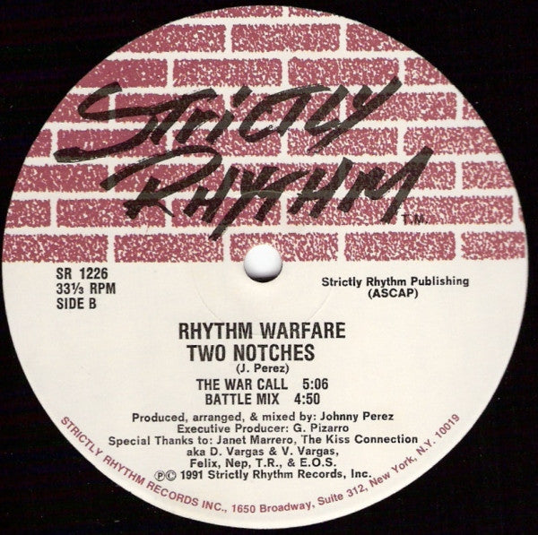 Image of Back Cover of 12" - /VG+ - RHYTHM WARFARE, Two Notches (Strictly Rhythm; SR 1226, US 1991, Plain Sleeve), WOL.,  - 2546139S