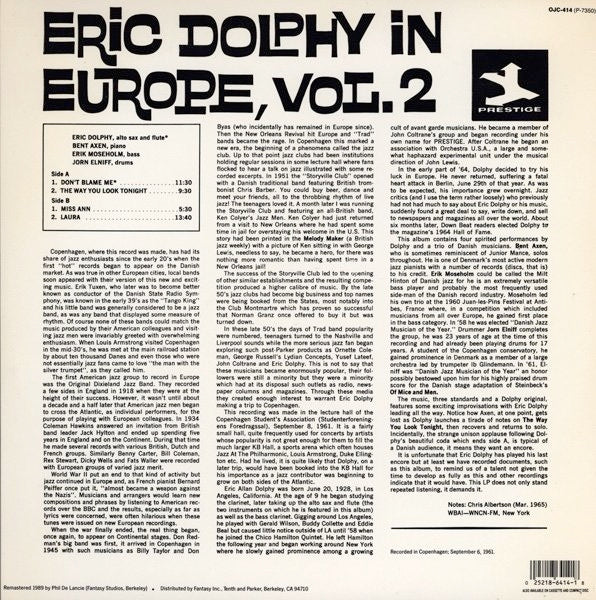 Image of Back Cover of LP - VG/VG+ - ERIC DOLPHY, In Europe, Vol. 2 (Original Jazz Classics; OJC-414, US 1990 Reissue), Very light creasing to sleeve.,  - 2516271C