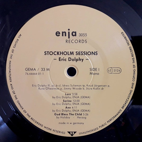 Image of Label Cover of LP - VG/G+ - ERIC DOLPHY, Stockholm Sessions (Enja Records; 3055, Germany 1981, Glossy Sleeve, Mono), Light marks only!,  - 2516272C