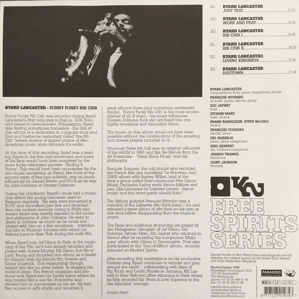 Image of Back Cover of LP - VG/VG+ - BYARD LANCASTER, Funny Funky Rib Crib (Kindred Spirits; KS RE 4 LP, 	Netherlands 2008 Reissue), Strong VG to sleeve - light edge wear.,  - 2516275C