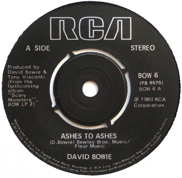 Image of Label Cover of 7" - VG/VG - DAVID BOWIE, Ashes to Ashes / Move On (RCA; BOW6, UK 1980, Bowie Holding Shoe To Ear Sleeve, With Stamps), ,  - 2526269E