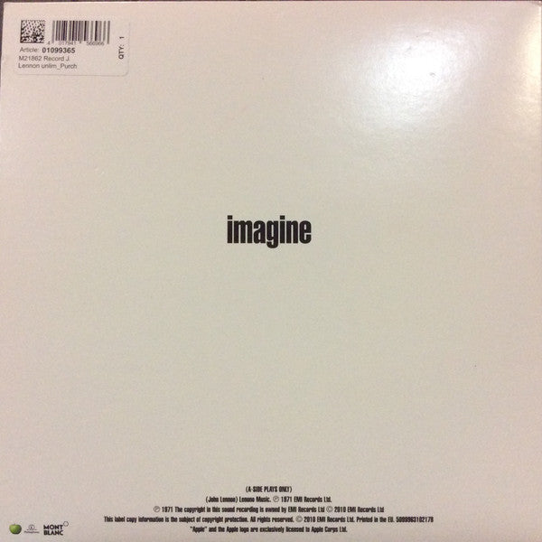 Image of Back Cover of 7" - EX/EX - JOHN LENNON, Imagine (Apple Records ; 5099963102178, Europe 2010, Picture Sleeve, One Sided, Montblanc Special Edition, No Box, Pen Or Booklet), ,  - 2526268E