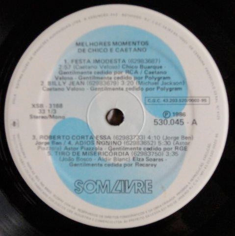 Image of Label Cover of LP - VG/VG+ - CHICO & CAETANO, Melhores Momentos De Chico & Caetano (Som Livre; 530.045, Brazil 1986), Writing on front of sleeve.,  - 2516278C