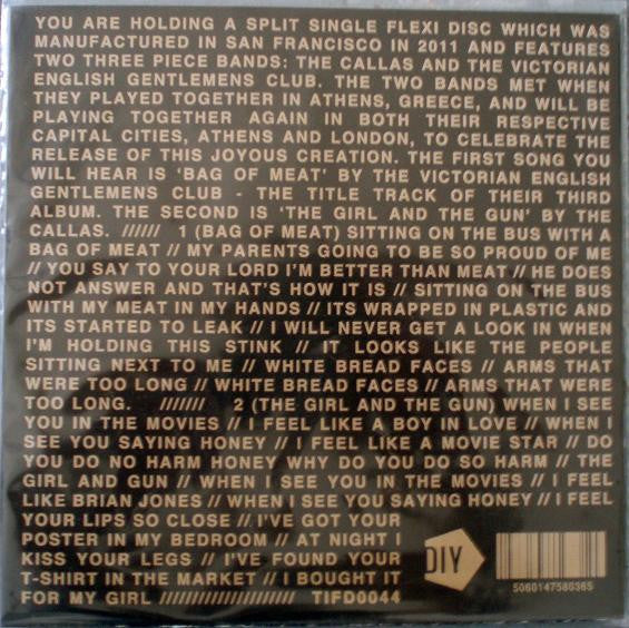 Image of Back Cover of 7" - EX/EX - THE VICTORIAN ENGLISH GENTLEMENS CLUB / THE CALLAS, Bag Of Meat / The Girl And The Gun (This Is Fake DIY Records ; TIFD0044, UK 2011, Fold Over Card Insert, Square, Clear Flexidisc With Attached Thruppeny Bit), ,  - 2526267E
