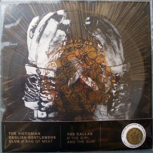 Image of Front Cover of 7" - EX/EX - THE VICTORIAN ENGLISH GENTLEMENS CLUB / THE CALLAS, Bag Of Meat / The Girl And The Gun (This Is Fake DIY Records ; TIFD0044, UK 2011, Fold Over Card Insert, Square, Clear Flexidisc With Attached Thruppeny Bit), ,  - 2526267E
