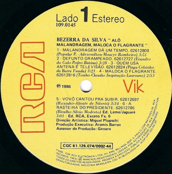 Image of Label Cover of LP - VG/VG+ - BEZERRA DA SILVA, Al  Malandragem, Maloca O Flagrante! (RCA Vik; 109.0145, Brazil 1986), ,  - 2516316C
