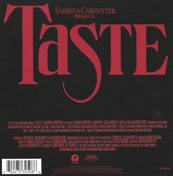 Image of Back Cover of 7" - M/M - SABRINA CARPENTER, Taste (Island Records ; 00602475325086, Europe 2025, Picture Sleeve, Pink Vinyl), SEALED,  - 3526305E