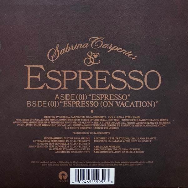 Image of Back Cover of 7" - EX/EX - SABRINA CARPENTER, Espresso (Island Records ; 00602465599558, Worldwide 2024, Picture Sleeve, Brown Vinyl), ,  - 2526303E