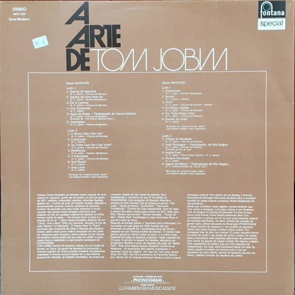 Image of Back Cover of 2xLP - VG/G+ - TOM JOBIM, A Arte De Tom Jobim (Fontana; 6641550, Brazil 1976, Gatefold), Small patch of sticker damage to sleeve. Light marks to discs.,  - 2516317C