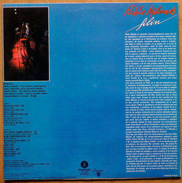 Image of Back Cover of LP - VG/VG - PABLO MILAN S, Filin (Fonomusic; 89.2620, Spain 1988 Reissue), Sleeve has light ring wear / staining. Tiny sticker ghost on front, Iberian Records sticker on reverse,  - 2516328C