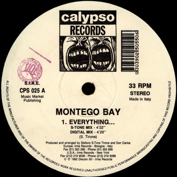 Image of Label Cover of 12" - VG+/VG+ - MONTEGO BAY, Everything... (Calypso Records; CPS 025, Italy 1992, Company Sleeve), ,  - 2546198S