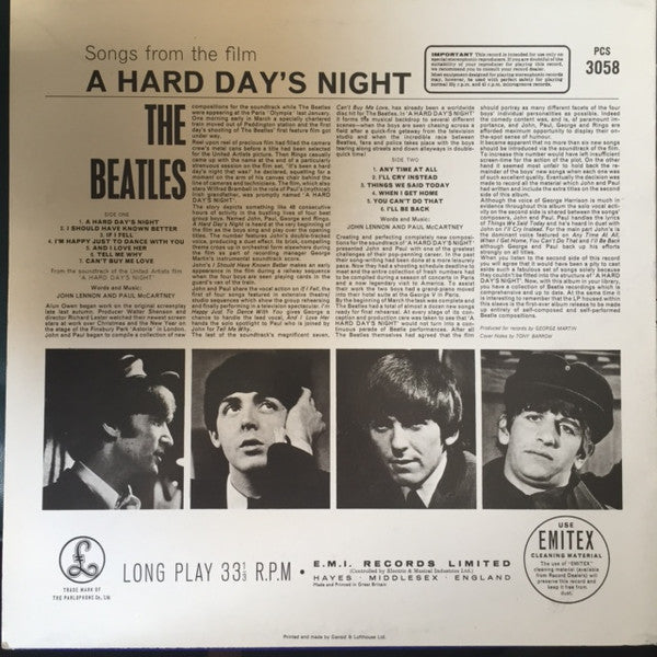 Image of Back Cover of LP - VG+/VG+ - THE BEATLES, A Hard Day's Night (Parlophone; PCS 3058, UK 1985 Reissue), ,  - 2526323E