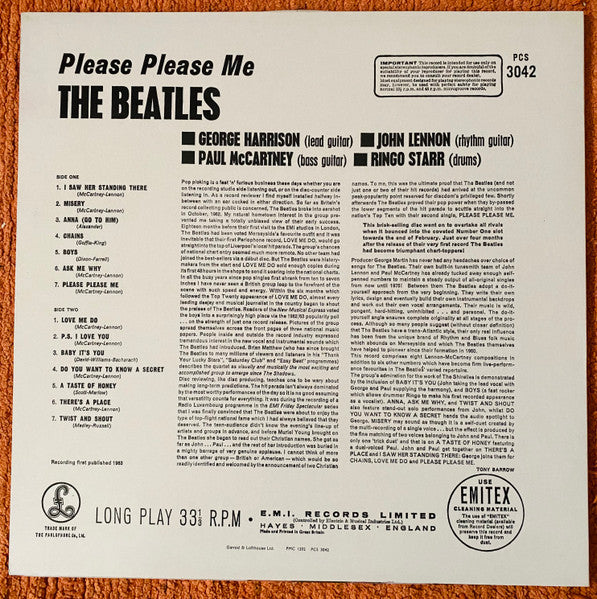 Image of Back Cover of LP - VG+/VG+ - THE BEATLES, Please Please Me (Parlophone Silver/Black - 2 EMI Boxes; PCS 3042, UK 1984 Reissue), ,  - 2526325E