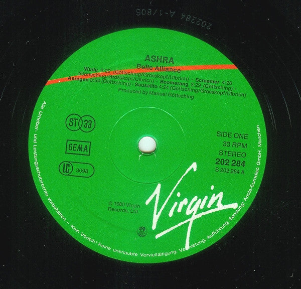 Image of Label Cover of LP - G+/G+ - ASHRA, Belle Alliance (Virgin; 202 284, Germany 1980, Picture Sleeve), On the cusp of VG, a few marks but only hairlines. Sleeve has light creasing and some small tears,  - 2526353E