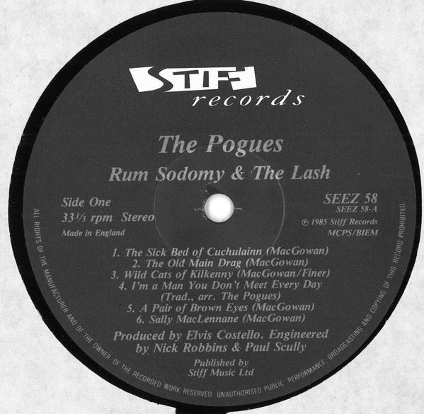 Image of Label Cover of LP - VG/G - THE POGUES, Rum Sodomy & The Lash (Stiff Records Black Labels With Only Stiff Music Publishing Credit On Side 1; SEEZ 58, UK 1985, Inner), Lots of wispy hairlines, All very light and nothing feelable, Strong VG sleeve,  - 2516109C
