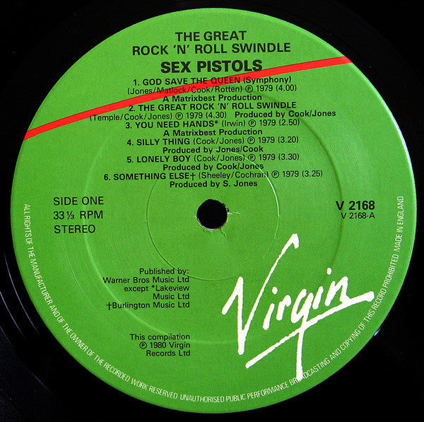 Image of Label Cover of LP - VG/VG - SEX PISTOLS, The Great Rock 'N' Roll Swindle (Virgin Green/Red; V2168, UK 1980, Missing the book/newspaper. ), ,  - 2526334E