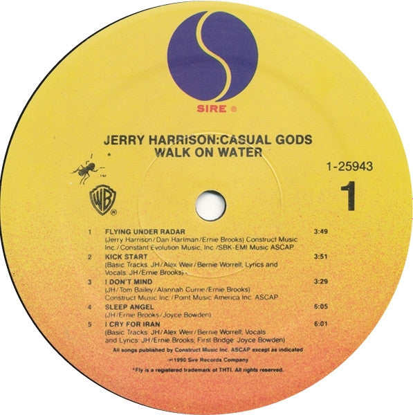 Image of Label Cover of LP - VG/VG+ - JERRY HARRISON: CASUAL GODS, Walk On Water (Sire; 1-25943, US 1990, Inner), Inner split.,  - 2516354C