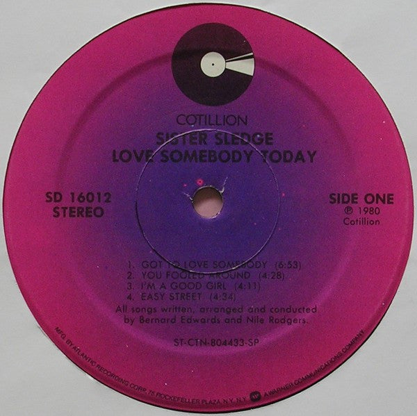 Image of Label Cover of LP - VG/VG+ - SISTER SLEDGE, Love Somebody Today (Cotillion; SD 16012, US 1980, Inner), Light creasing on sleeve and some small rips at corners of inner,  - 2516371C