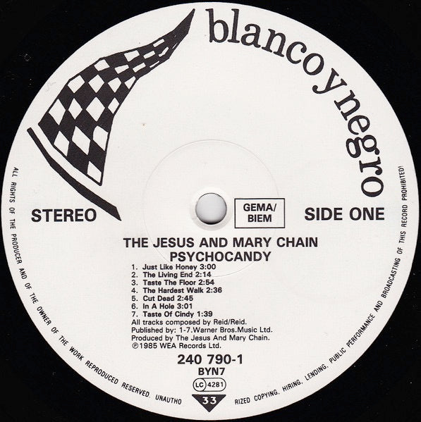 Image of Label Cover of LP - VG/VG - THE JESUS AND MARY CHAIN, Psychocandy (Blanco Y Negro; 240 790-1, Europe 1985, No Inner, Chequered Flag Labels), Strong VG Throughout, A few super fine wispy hairlines, Good gloss, A few light spine and edge pinches, No OIS,  - 2516382C