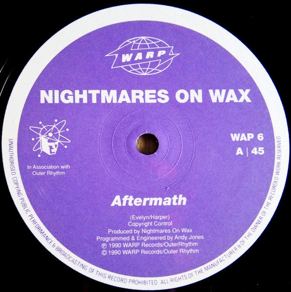 Image of Label Cover of 12" - G+/VG - NIGHTMARES ON WAX, Aftermath / I'm For Real (Warp Records; WAP 6, UK 1990, Stickered Company Sleeve), light marks/scuffs only. original stickered warp sleeve - creasing and seam splits,  - 3546062S