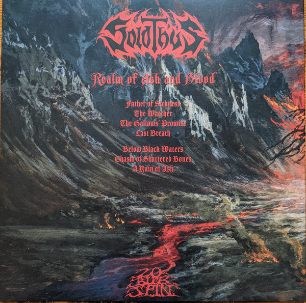 Image of Back Cover of LP - VG+/VG+ - SOLOTHUS, Realm Of Ash And Blood (20 Buck Spin; SPIN124, USA & Canada 2020, Insert & Black Inner, Blood Red Cloudy Vinyl), Still in hype stickered plastic outer.,  - 2526414E