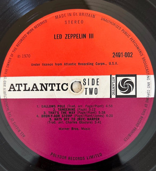Image of Back Cover of LP - VG/VG - LED ZEPPELIN, Led Zeppelin III (Atlantic Red/Maroon label; 2401-002, UK 1970, Gatefold with Wheel, "Produced by Jimmy Page."side 1 only, Celebration Not Celebration Day on label), Strong VG -  a few light marks, edge wear, some discolouration around edges, working wheel,  - 2546252S