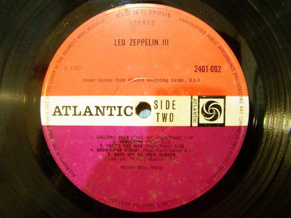 Image of Label Cover of LP - VG/VG - LED ZEPPELIN, Led Zeppelin III (Atlantic Red/Maroon label; 2401-002, UK 1970, Gatefold with Wheel, "Produced by Jimmy Page."side 1 only, Celebration Not Celebration Day on label), Strong VG -  a few light marks, edge wear, some discolouration around edges, working wheel,  - 2546252S