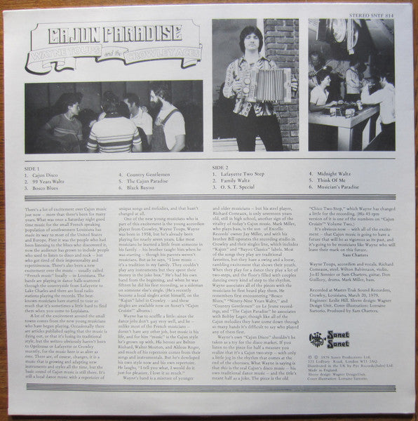 Image of Back Cover of LP - VG/VG - WAYNE TOUPS AND THE CROWLEY ACES, Cajun Paradise (Sonet; SNTF 814, UK 1979), Sleeve as some wear along bottom edge of cover. Bumped corner. Some light discolouration and staining,  - 2516418C