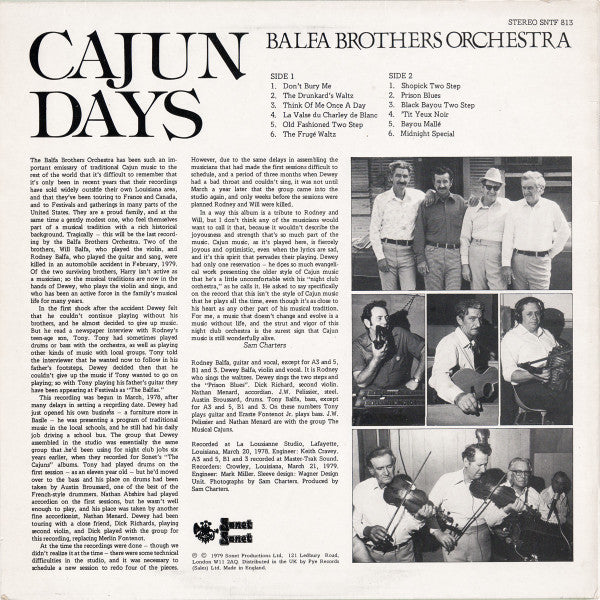 Image of Back Cover of LP - VG/VG - BALFA BROTHERS ORCHESTRA, Cajun Days (Sonet; SNTF 813, UK 1980), ,  - 2516419C