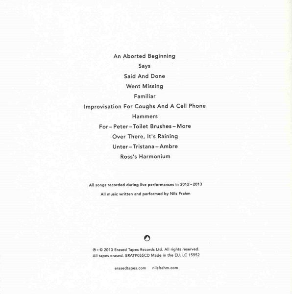 Image of Back Cover of CD - VG+/VG+ - NILS FRAHM, Spaces (Erased Tapes Records; ERATP055CD, Europe 2013, Card Sleeve, Booklet & Insert), ,  - 2516440C