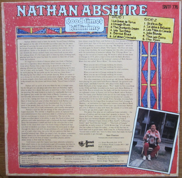 Image of Back Cover of LP - VG/VG+ - NATHAN ABSHIRE, Good Times Killin' Me (Sonet; SNTF 776, UK 1978), Sleeve has creased corners,  - 2516420C