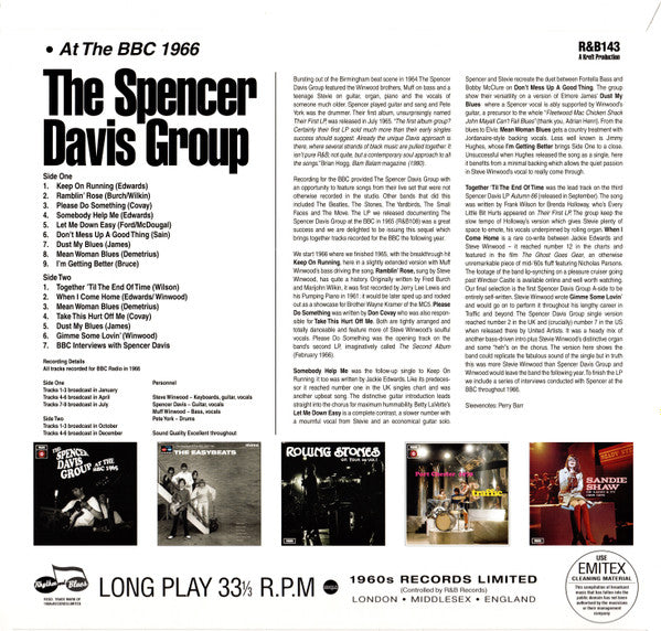 Image of Back Cover of LP - EX/VG+ - THE SPENCER DAVIS GROUP, At The BBC 1966 (Rhythm & Blues Records; R&B143, UK 2024, Company Inner, Unofficial Release), Light hairlines. Seal opened instore, still in shrinkwrap.,  - 2526362E