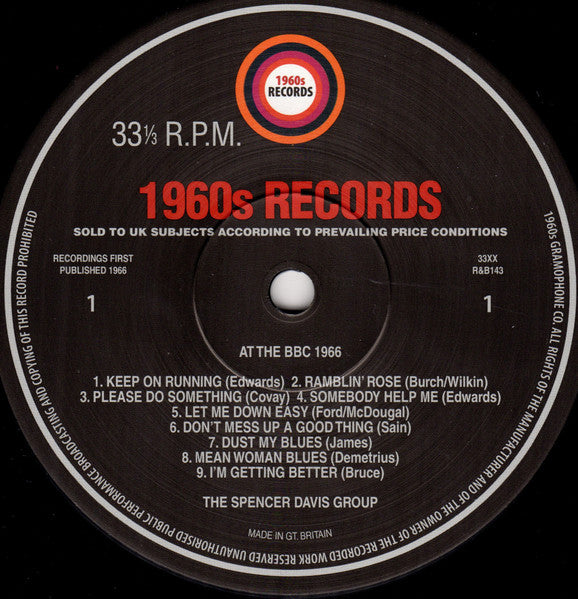 Image of Label Cover of LP - EX/VG+ - THE SPENCER DAVIS GROUP, At The BBC 1966 (Rhythm & Blues Records; R&B143, UK 2024, Company Inner, Unofficial Release), Light hairlines. Seal opened instore, still in shrinkwrap.,  - 2526362E