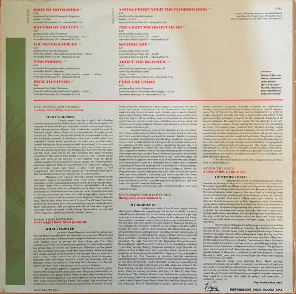 Image of Back Cover of LP - VG/VG - MAGAZINE, After The Fact (Virgin; VM 1, Italy 1982), Strong VG,  - 2516388C