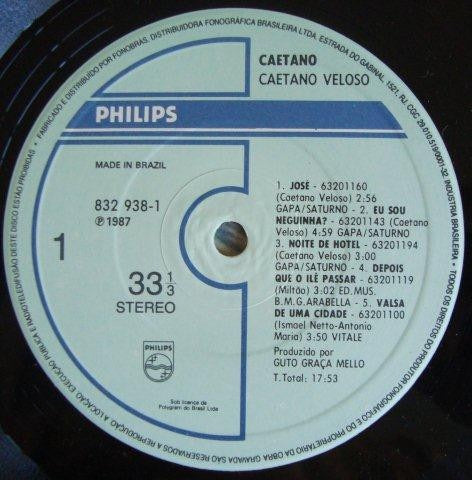 Image of Label Cover of LP - VG+/VG - CAETANO VELOSO, Caetano (Philips; 832938-1, Brazil 1987, Gatefold), Strong VG to disc - light marks only.,  - 2516477C