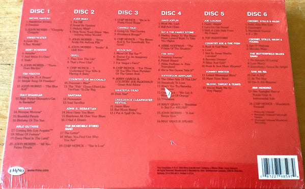 Image of Back Cover of 6xCD - VG/VG+ - VARIOUS, Woodstock 40   3 Days Of Peace & Music (Rhino Records; 3 Days Of Peace & Music, US 2009, Book Sleeve), Small dot of paint on top cover, not very noticeable, Disc 2 has a small mark, plays fine, all other CDs VG++,  - 2536440E