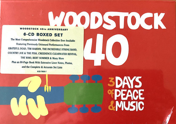 Image of Front Cover of 6xCD - VG/VG+ - VARIOUS, Woodstock 40   3 Days Of Peace & Music (Rhino Records; 3 Days Of Peace & Music, US 2009, Book Sleeve), Small dot of paint on top cover, not very noticeable, Disc 2 has a small mark, plays fine, all other CDs VG++,  - 2536440E