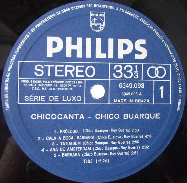 Image of Label Cover of LP - VG/VG+ - CHICO BUARQUE, Chico Canta (Philips; 6349 093, Brazil 1985 Reissue), ,  - 2516485C