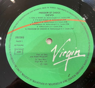 Image of Back Cover of LP - VG/VG - DEVO, Freedom Of Choice (Virgin; 202283, France 1980), Sleeve faded along spine on front & rear. Pressing ring slightly different from discogs listing.,  - 2516464C