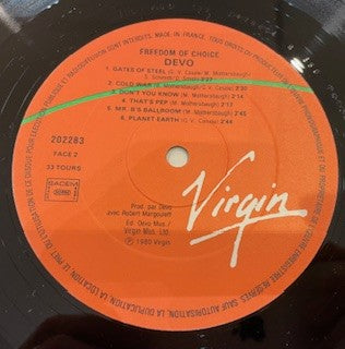 Image of Label Cover of LP - VG/VG - DEVO, Freedom Of Choice (Virgin; 202283, France 1980), Sleeve faded along spine on front & rear. Pressing ring slightly different from discogs listing.,  - 2516464C