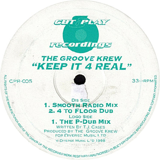 Image of Front Cover of 12" - /G+ - THE GROOVE KREW, Keep It 4 Real (Cut & Play Recordings; CPR-005, UK 1998), Strong G+, light marks only. Plays VG.,  - 2546278S