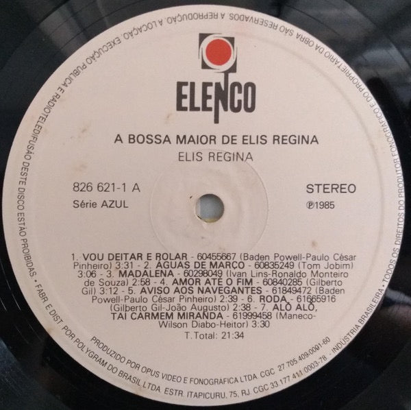 Image of Label Cover of LP - VG+/VG - ELIS REGINA, A Bossa Maior De Elis Regina (Elenco; 826 621-1, Brazil 1985), Strong VG.,  - 2516486C