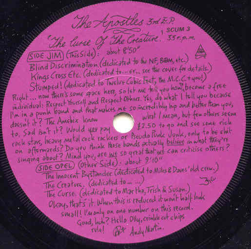 Image of Label Cover of 7" EP - VG/VG+ - THE AP STLES, The Curse Of The Creature (Scum Records; SCUM 3, UK 1984, Fold Out Sleeve, 4 Fold Out Inserts), Strong VG+, Slight Sticker Damage And Staining To Sleeve,  - 2526285E
