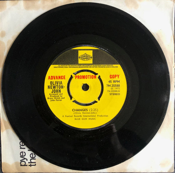 Image of Back Cover of 7" - VG/VG - OLIVIA NEWTON-JOHN, Just A Little Too Much / Changes (Pye International ; 7N.25588, UK 1972, A Label Demo, Company Sleeve), Writing On Front Sleeve,  - 2526284E