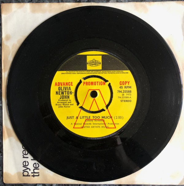 Image of Front Cover of 7" - VG/VG - OLIVIA NEWTON-JOHN, Just A Little Too Much / Changes (Pye International ; 7N.25588, UK 1972, A Label Demo, Company Sleeve), Writing On Front Sleeve,  - 2526284E