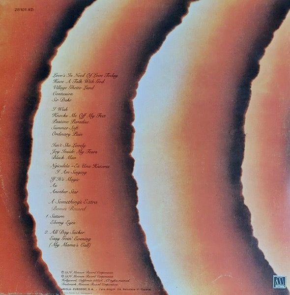 Image of Back Cover of 2xLP - VG/VG - STEVIE WONDER, Songs In The Key Of Life (Motown; 28.101 XD, Spain 1976, Gatefold, Booklet, With 7"), Faded spine and general light wear to sleeve. Disc have light marks only. Booklet has some writing in pen inside.,  - 2516490C